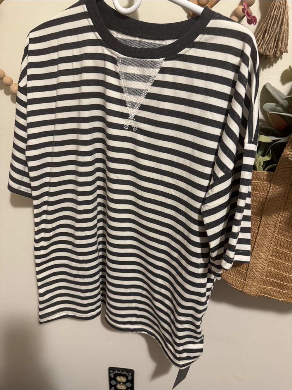 Women's Black and White Striped Short Sleeve Crewneck Tee